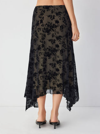 Mesh Mid Rise Floral Hanky Hem A-Line Midi Skirt