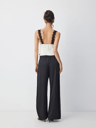 Satin V-neck Contrasting Lace Hanky Hem Top & Mid Rise Wide Leg Trousers Set
