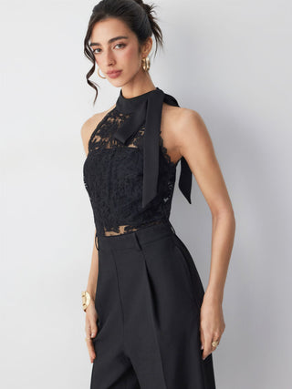 Cotton-blend Stand Collar Lace Panel Mid Rise Straight Leg Jumpsuit With Scarf