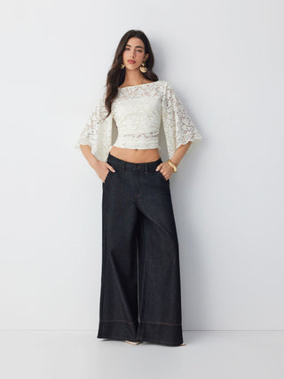 Lace Boat Neck Bell Sleeve Drawstring Tee