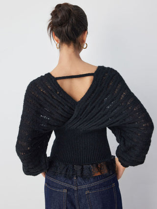 Knit Wool-blend V-neck Surplice Lace Trim Long Sleeve Sweater