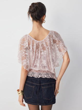 Lace Boat Neck Shirred Short Sleeve Ruffle Hem Top