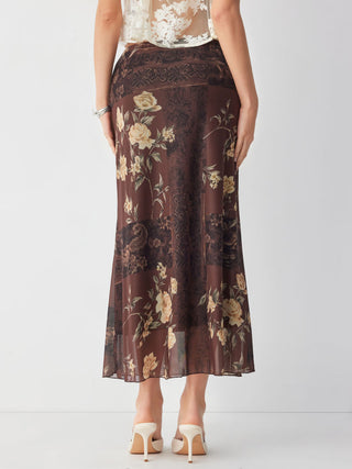 Mesh Mid Rise Floral Graphic Lettuce Trim Midi Skirt
