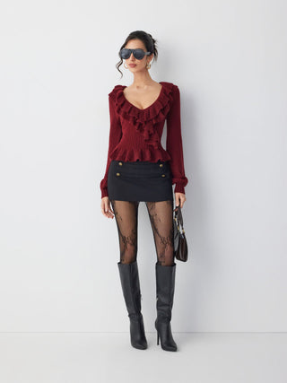 Knit V-neck Ruffled Peplum Hem Long Sleeve Sweater