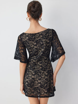 Lace Floral Boat Neck Bell Sleeve A-line Mini Dress