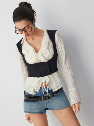 Scoop Neck Double Breasted Crop Blazer Vest
