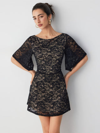Lace Floral Boat Neck Bell Sleeve A-line Mini Dress