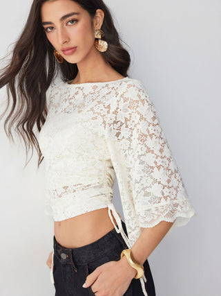 Lace Boat Neck Bell Sleeve Drawstring Tee