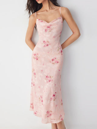 Floral Cowl Neck Lace Up Corset Mermaid Maxi Dress