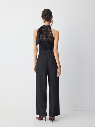 Cotton-blend Stand Collar Lace Panel Mid Rise Straight Leg Jumpsuit With Scarf