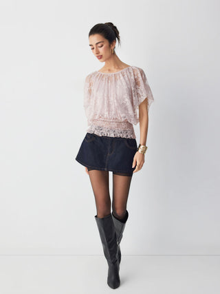 Lace Boat Neck Shirred Short Sleeve Ruffle Hem Top