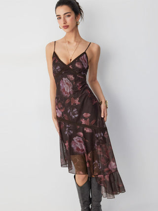 Mesh Floral V-neck Lace Trim Asymmetrical Hem A-line Midi Dress