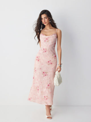 Floral Cowl Neck Lace Up Corset Mermaid Maxi Dress
