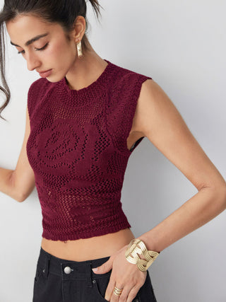 Knit Floral Pointelle Hollow Out Vest