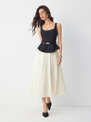 Cotton-blend Color-block Square Neck Peplum A-line Maxi Dress With Belt