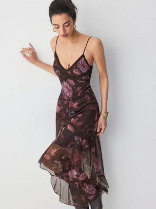 Mesh Floral V-neck Lace Trim Asymmetrical Hem A-line Midi Dress