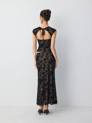 Flocked Mesh Floral Tie Front Top & Mid Rise Midi Skirt Set