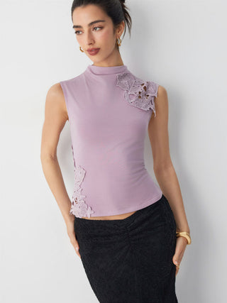 Cotton-blend Stand Collar Lace Panel Tank Top