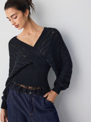 Knit Wool-blend V-neck Surplice Lace Trim Long Sleeve Sweater