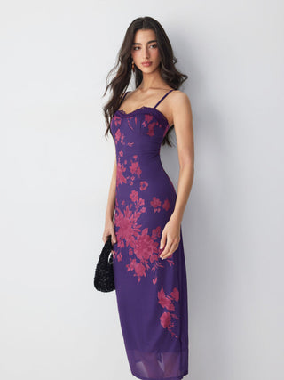 Mesh Floral Graphic V-neck Lace Trim Lace Up Straight Maxi Dress