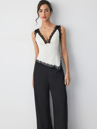 Satin V-neck Contrasting Lace Hanky Hem Top & Mid Rise Wide Leg Trousers Set