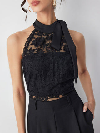 Cotton-blend Stand Collar Lace Panel Mid Rise Straight Leg Jumpsuit With Scarf