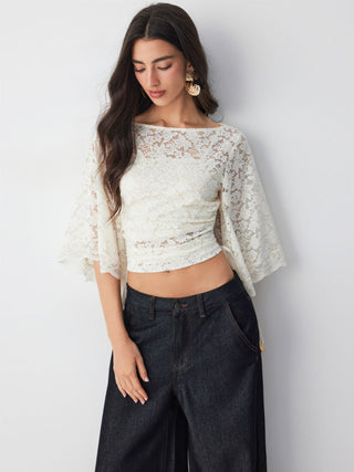 Lace Boat Neck Bell Sleeve Drawstring Tee