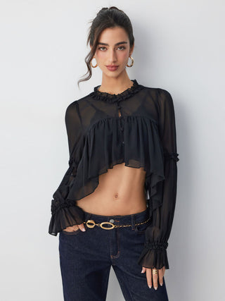 Chiffon Ruffled Long Sleeve Crop Blouse