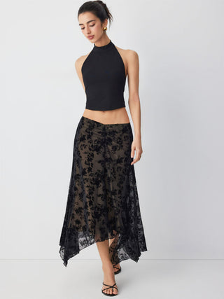 Mesh Mid Rise Floral Hanky Hem A-Line Midi Skirt