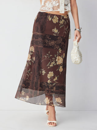 Mesh Mid Rise Floral Graphic Lettuce Trim Midi Skirt