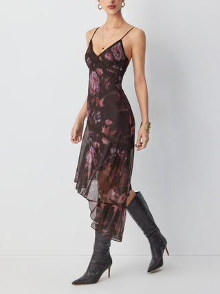 Mesh Floral V-neck Lace Trim Asymmetrical Hem A-line Midi Dress