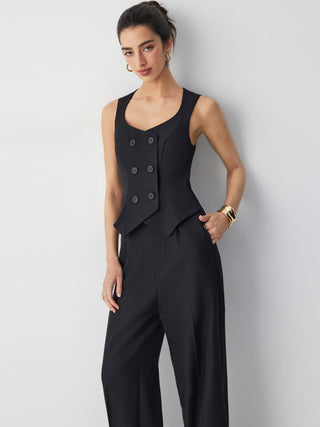 Square Neck Button Detail Mid Rise Straight Leg Jumpsuit