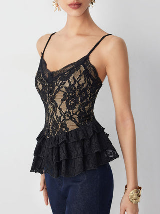 Lace Graphic V-neck Peplum Hem Cami Top