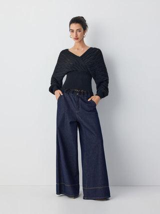 Knit Wool-blend V-neck Surplice Lace Trim Long Sleeve Sweater