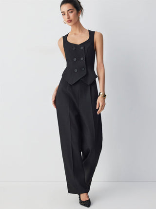 Square Neck Button Detail Mid Rise Straight Leg Jumpsuit