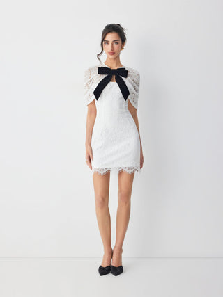 Cotton-blend Lace V-neck Bowknot A-line Mini Dress