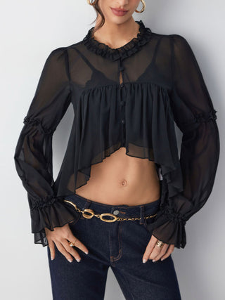 Chiffon Ruffled Long Sleeve Crop Blouse