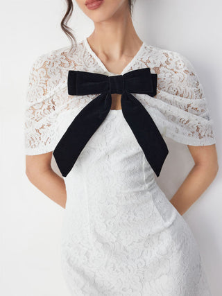 Cotton-blend Lace V-neck Bowknot A-line Mini Dress
