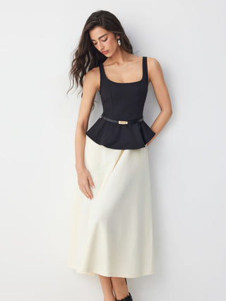 Cotton-blend Color-block Square Neck Peplum A-line Maxi Dress With Belt