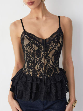 Lace Graphic V-neck Peplum Hem Cami Top