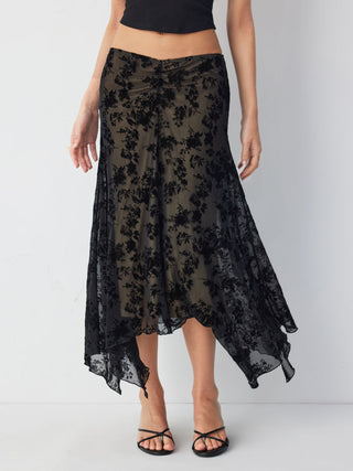 Mesh Mid Rise Floral Hanky Hem A-Line Midi Skirt