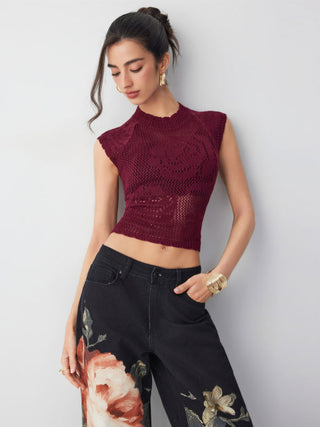 Knit Floral Pointelle Hollow Out Vest