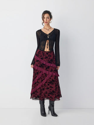 Mesh Mid Rise Floral Ruffled Maxi Skirt