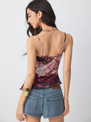 Mesh Graphic V-neck Lace Trim Asymmetrical Hem Cami Top