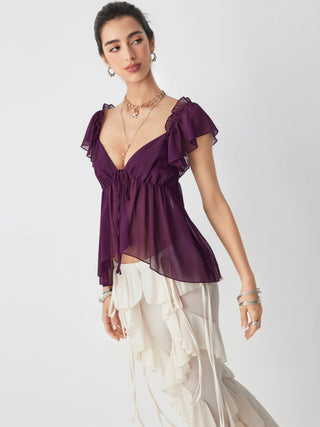 Chiffon V-neck Ruffled Sleeve Tie Front Backless Cami Blouse