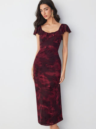 Mesh Flocking Floral Graphic Square Neck Ruffled Mermaid Maxi Dress