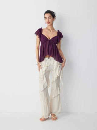 Chiffon V-neck Ruffled Sleeve Tie Front Backless Cami Blouse