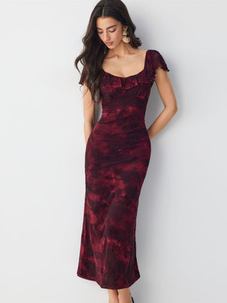 Mesh Flocking Floral Graphic Square Neck Ruffled Mermaid Maxi Dress