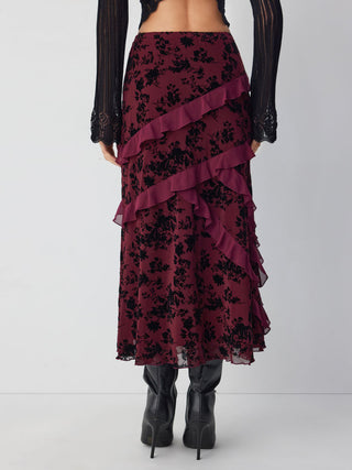 Mesh Mid Rise Floral Ruffled Maxi Skirt