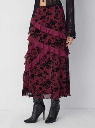 Mesh Mid Rise Floral Ruffled Maxi Skirt